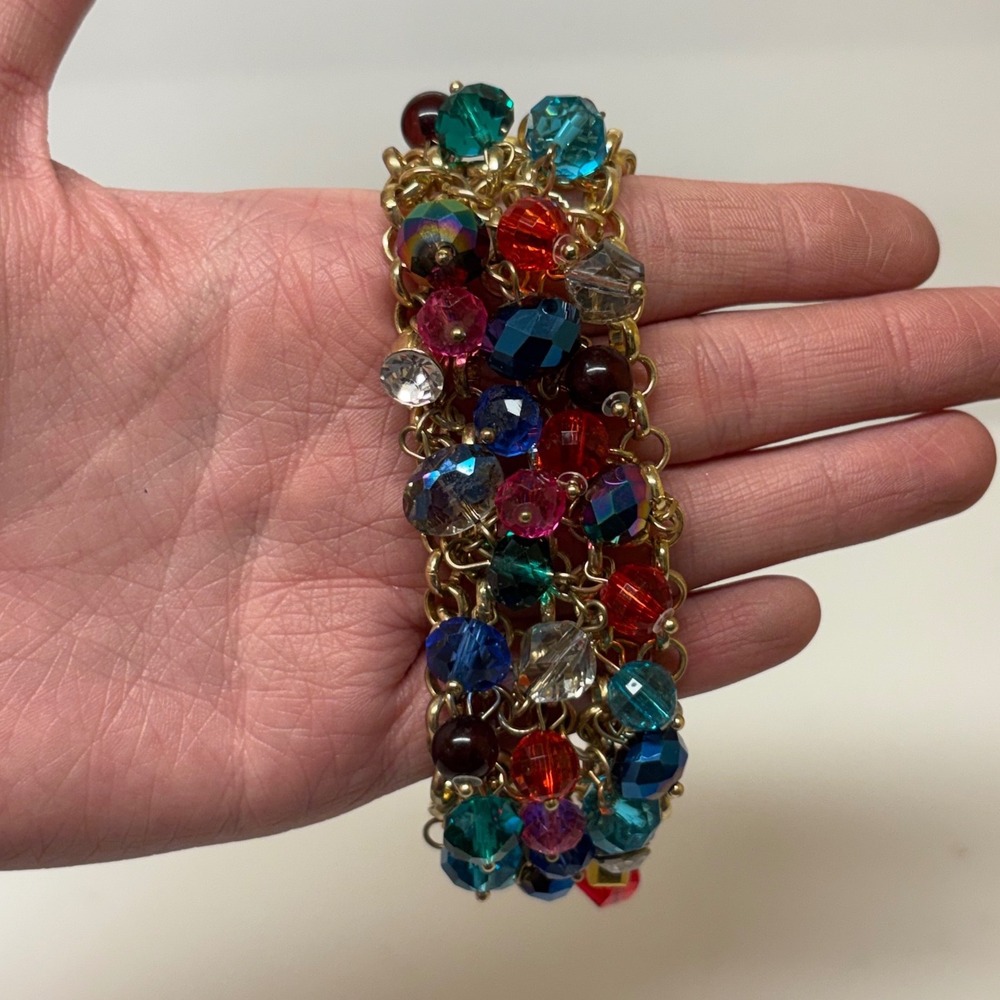 Gold Tone Multi Strand Colorful Crystal Bead Toggle Clasp Charm Bracelet